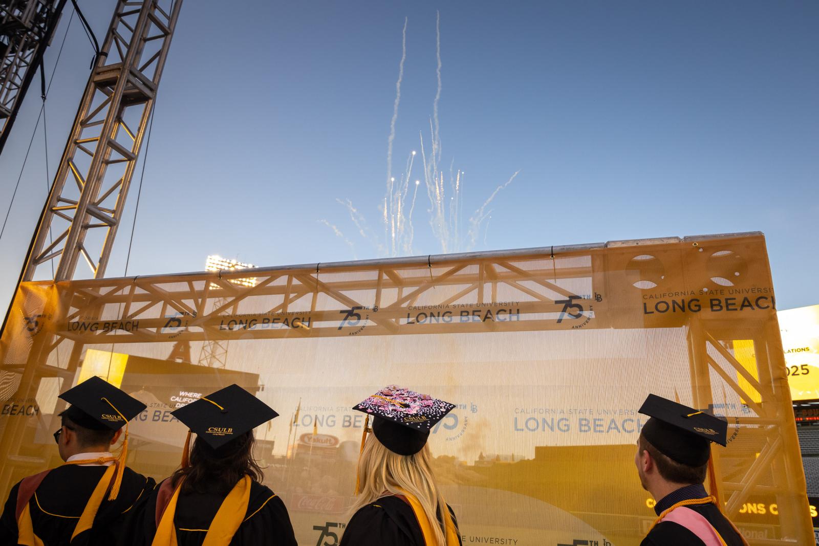 Fireworks behind stage at Commencement