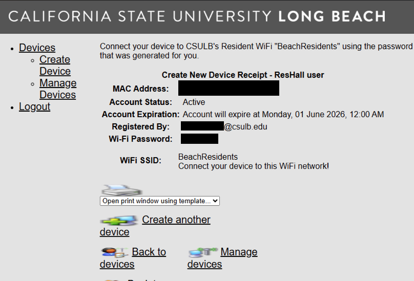 Device Registration complete, use given Wi-Fi password on BeachResidents Wi-Fi
