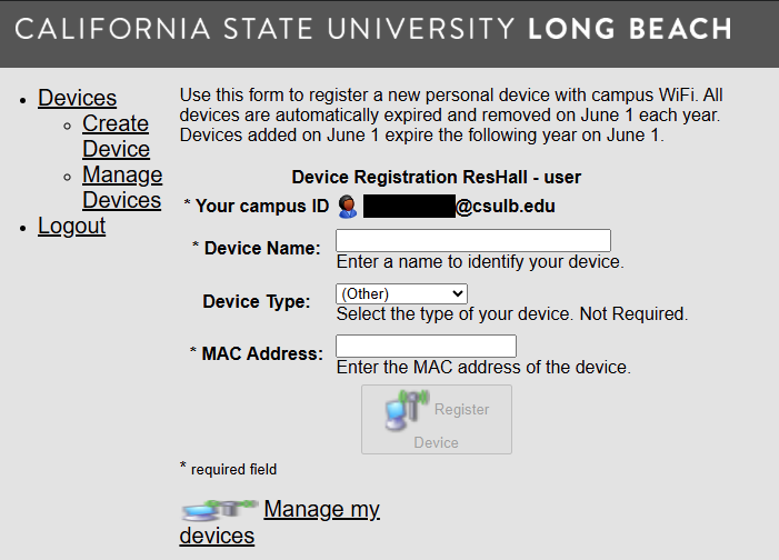 To register device, input Name, Device Type, and MAC address