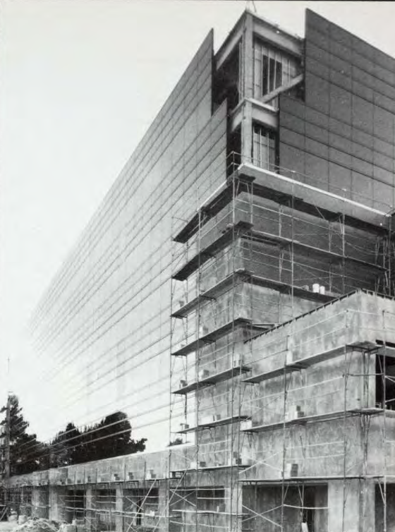 Black-and-white photo of a building under construction