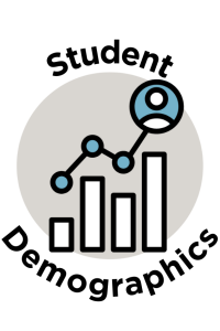 cartoon icon of white graph bars with a blue dot plot on top leading to a circle with a person insidein