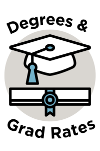 cartoon icon of a graduation cap with a blue tassel and a rolled-up degree underneath with a blue stamp and ribbon