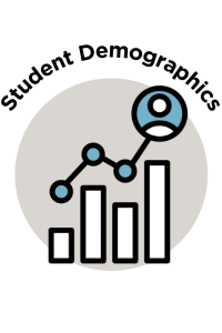 cartoon icon of white graph bars with a blue dot plot on top leading to a circle with a person insidein