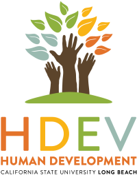 HDEV logo HDEV HUMAN DEVELOPMENT California State University long Beach. Hands raised colored leaves above
