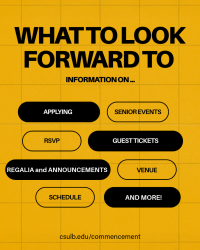 On a yellow background, text reads: What to Look Forward To. There are buttons reading: applying, senior events, RSVP, guest tickets, regalia and announcements, venue, schedule, and more!