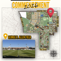 Entitled 'Commencement 2026' this is an image with a map indicating the George Allen Field and a picture of the field as well.