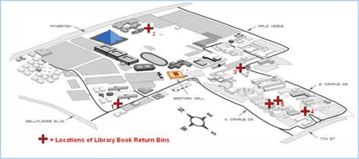 campus map showing location of book drop bins
